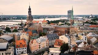 Riga old town and river at dusk